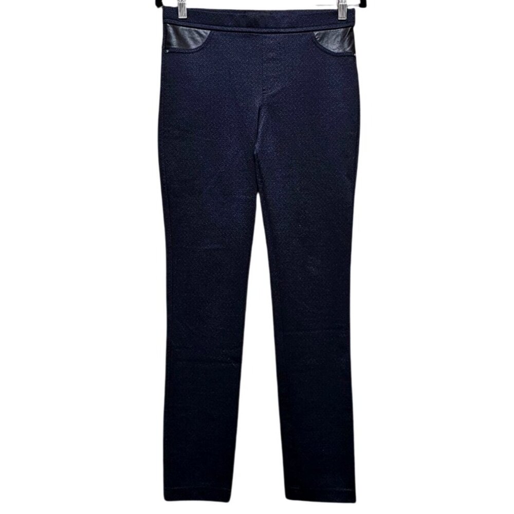 DKNY Jeans Womens S Blue Pattern Skinny Pants With Faux Leather Pocket Trim